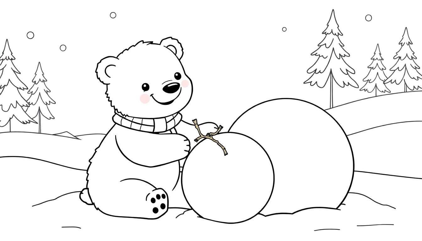 A cute polar bear in a black and white coloring panel drawing, wearing a scarf and building a snowman in the snow.