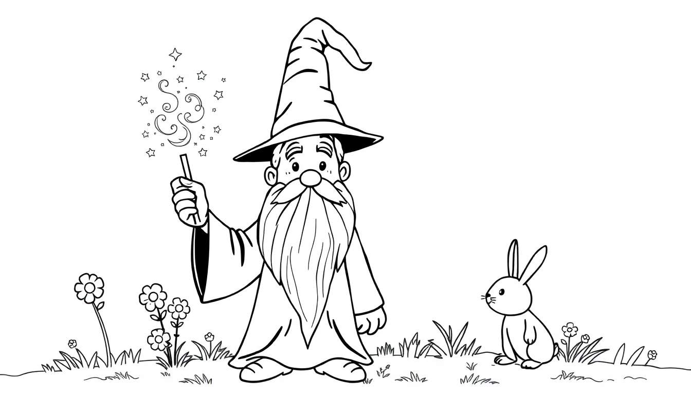 A friendly wizard with a pointy hat and a long beard, casting a spell with a sparkling wand, with a rabbit and flowers. A black and white color panel for coloring.