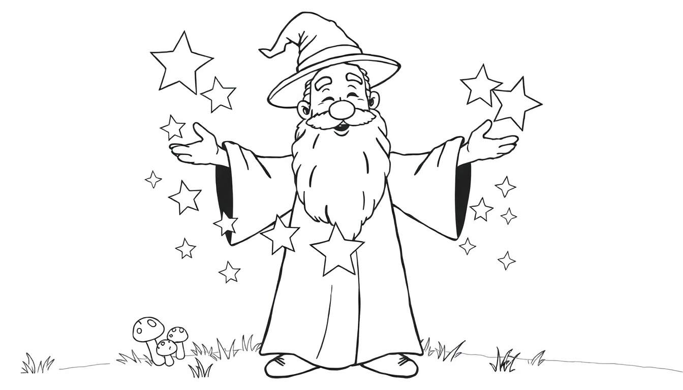 A friendly wizard creating stars in a field, ready for the color panel.