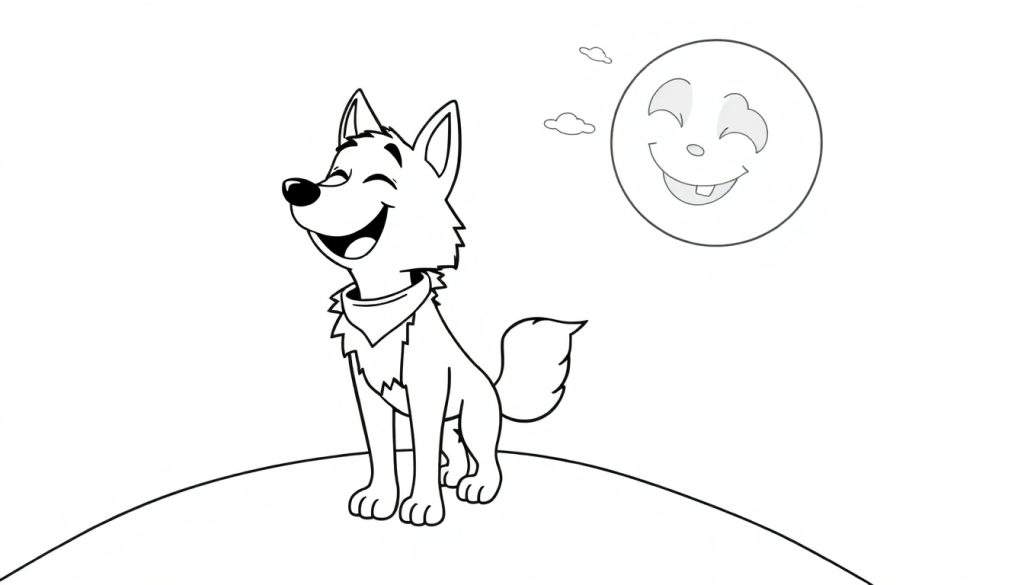 A smiling cartoon wolf wearing a bandana looks up at a happy cartoon moon, in a black and white illustration perfect for a coloring panel.
