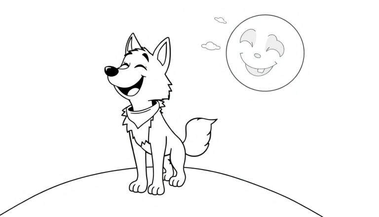 A smiling cartoon wolf wearing a bandana looks up at a happy cartoon moon, in a black and white illustration perfect for a coloring panel.