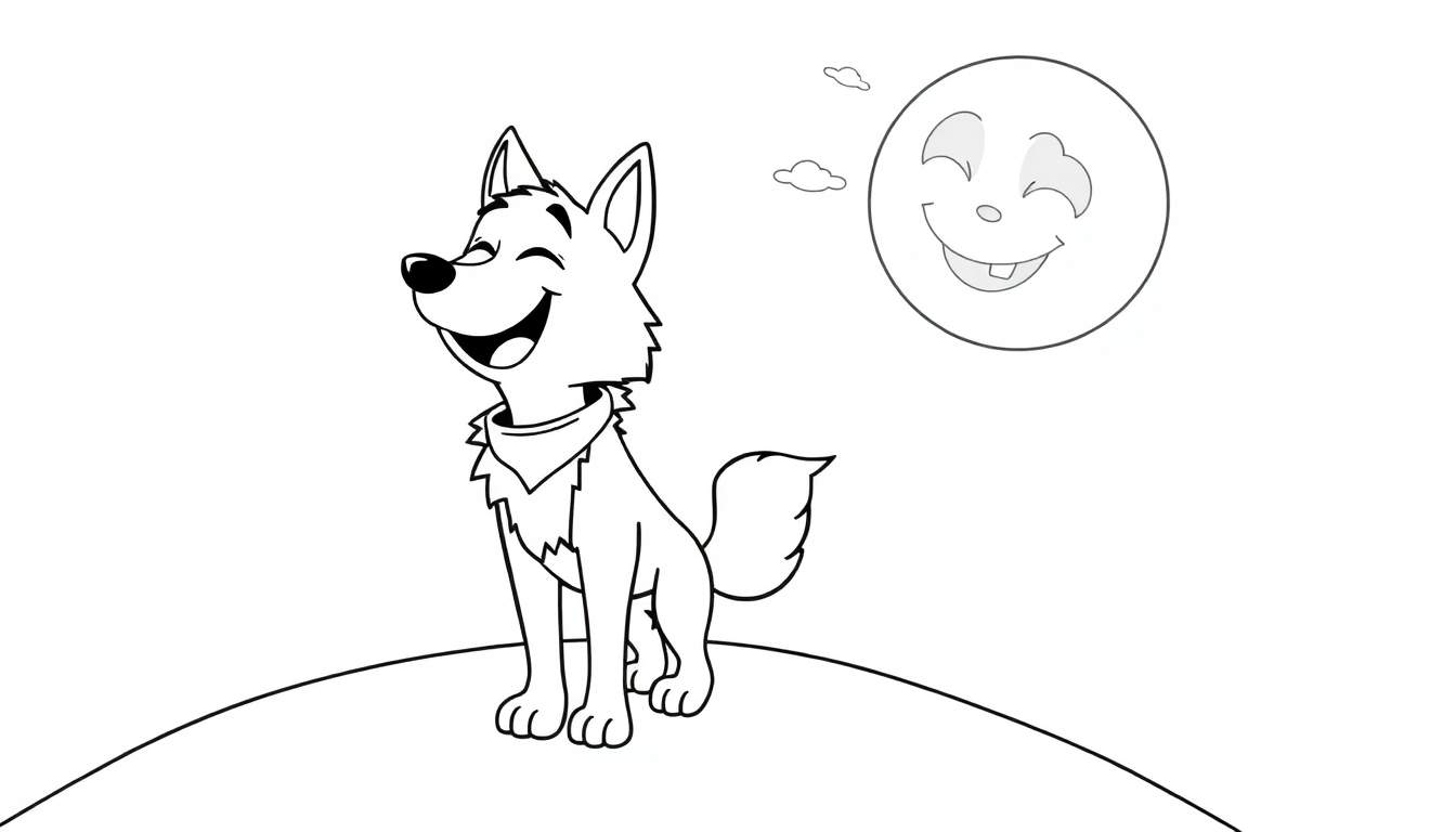 A smiling cartoon wolf wearing a bandana looks up at a happy cartoon moon, in a black and white illustration perfect for a coloring panel.