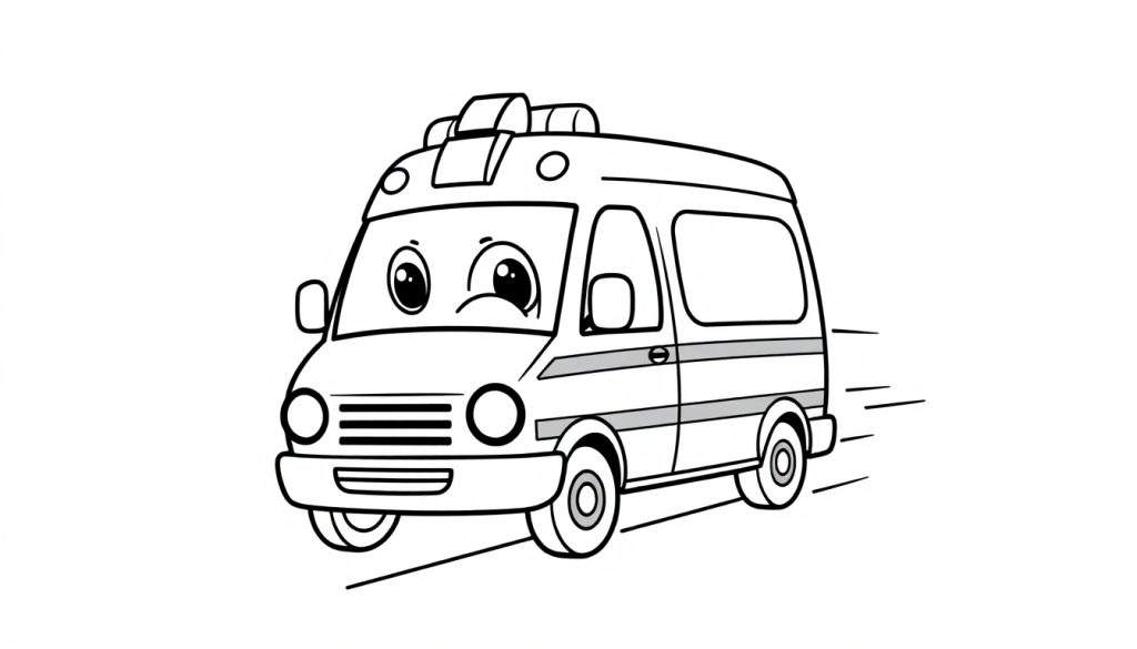 A friendly black and white cartoon ambulance with big, worried eyes, zooming across a white page. This color panel shows horizontal stripes and a light bar, ready for an adventure. It's a great coloring panel!