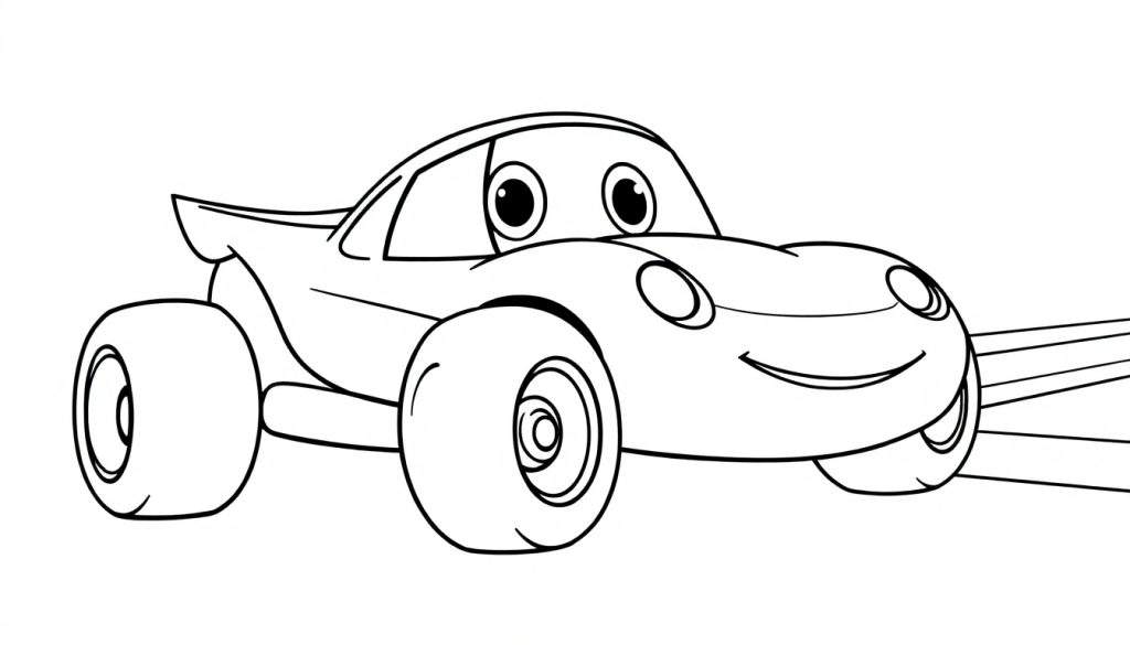 A friendly cartoon race car with big eyes and a smile, ready for a color panel adventure.