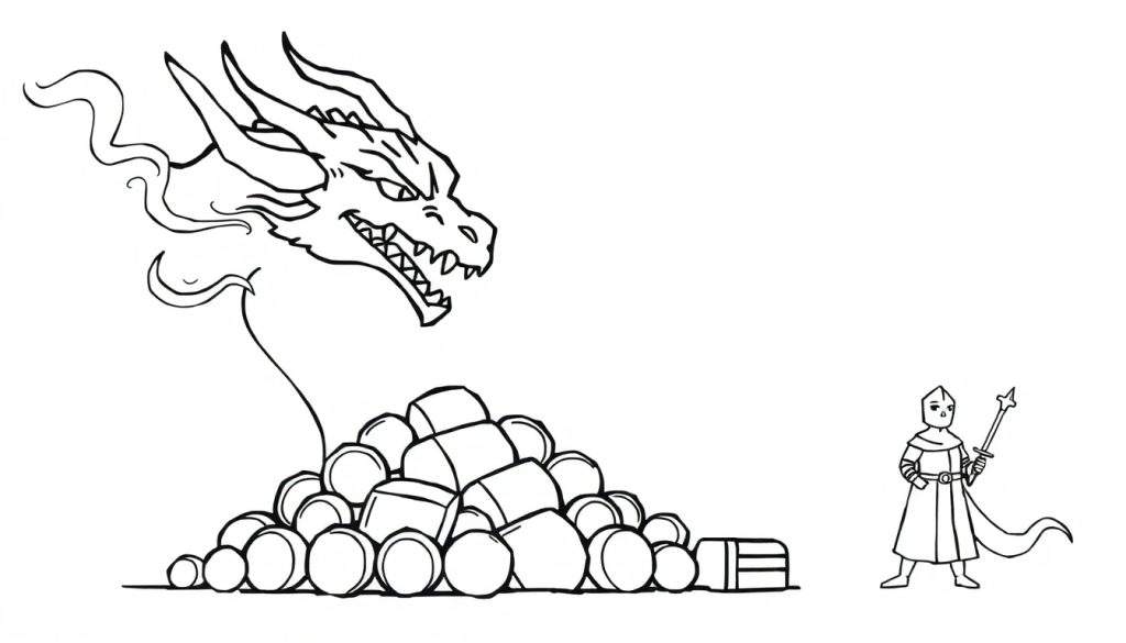 Coloring page illustration of a dragon breathing smoke over a pile of gold coins and ingots, with a knight holding a spear facing the dragon.