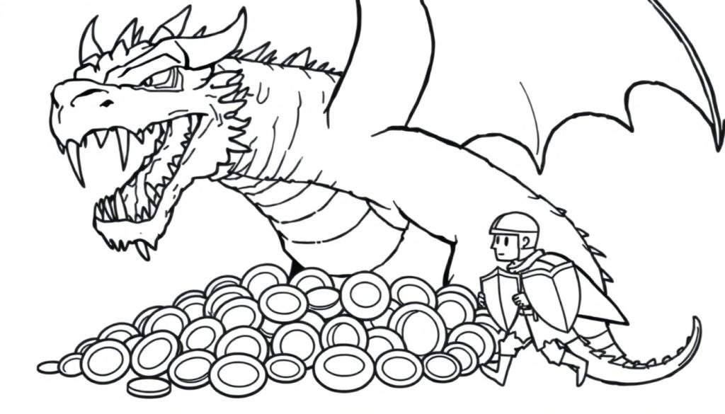 Black and white line drawing coloring page of a dragon fighting a knight over a pile of gold coins.