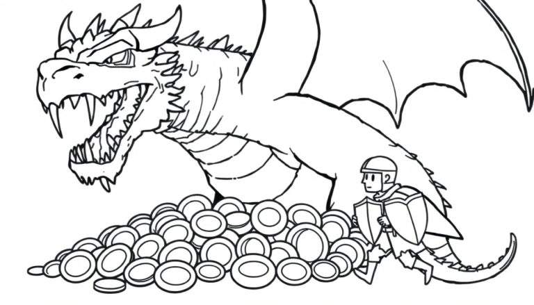 Black and white line drawing coloring page of a dragon fighting a knight over a pile of gold coins.