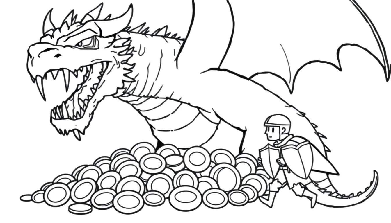 Black and white line drawing coloring page of a dragon fighting a knight over a pile of gold coins.
