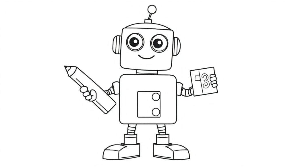 Coloring page illustration of a friendly robot holding a pencil and a notebook with the number 3 on it.