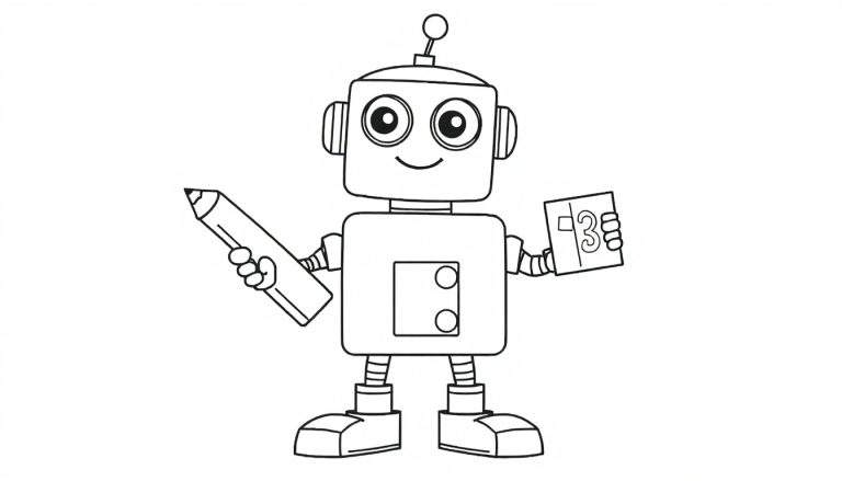 Coloring page illustration of a friendly robot holding a pencil and a notebook with the number 3 on it.