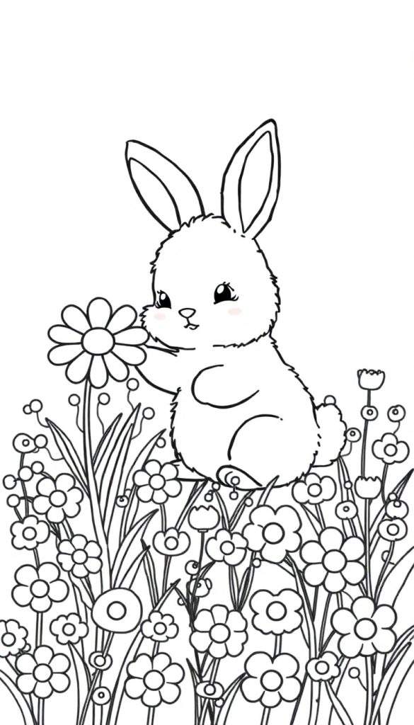 Kleurplaat van een schattig konijntje dat een bloem vasthoudt in een bloemenveld.