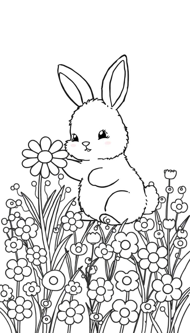 Kleurplaat van een schattig konijntje dat een bloem vasthoudt in een bloemenveld.