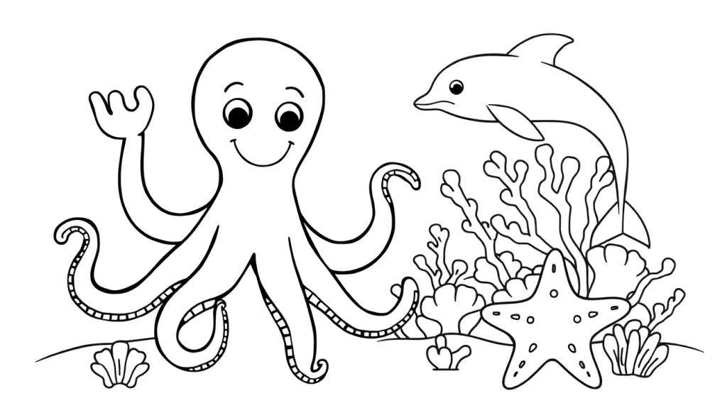 Black and white coloring page of a smiling octopus and a friendly dolphin swimming in a colorful underwater scene with coral, seaweed, starfish, and shells.