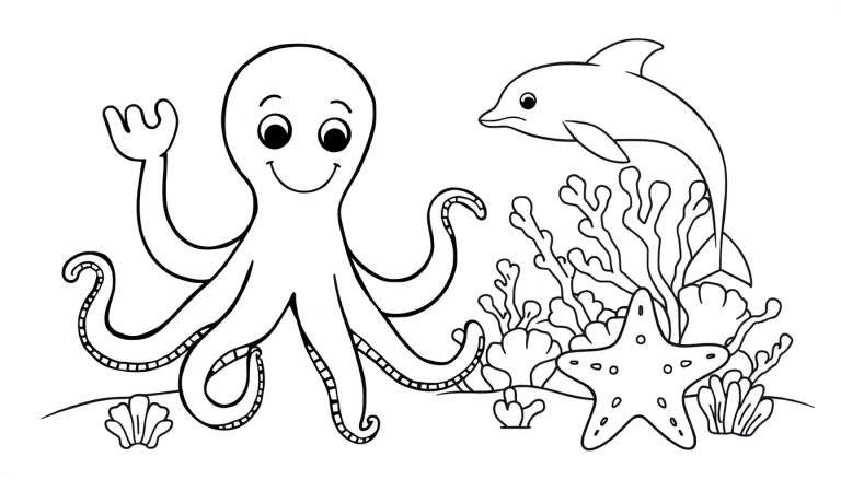 Black and white coloring page of a smiling octopus and a friendly dolphin swimming in a colorful underwater scene with coral, seaweed, starfish, and shells.