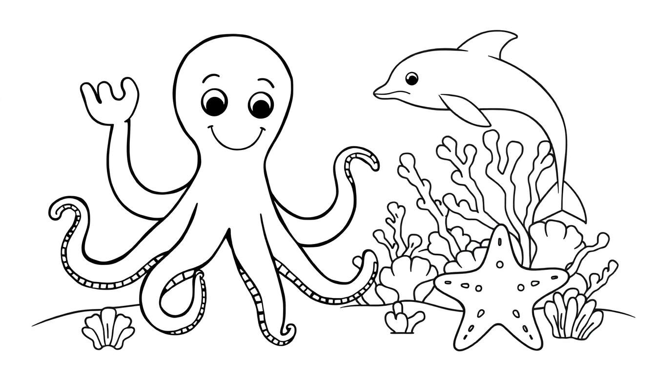 Black and white coloring page of a smiling octopus and a friendly dolphin swimming in a colorful underwater scene with coral, seaweed, starfish, and shells.
