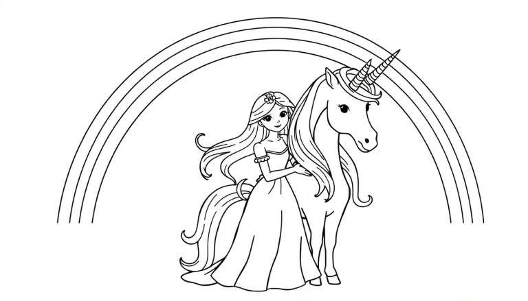 Coloring page of a cartoon girl hugging a white unicorn under a three-lined rainbow.
