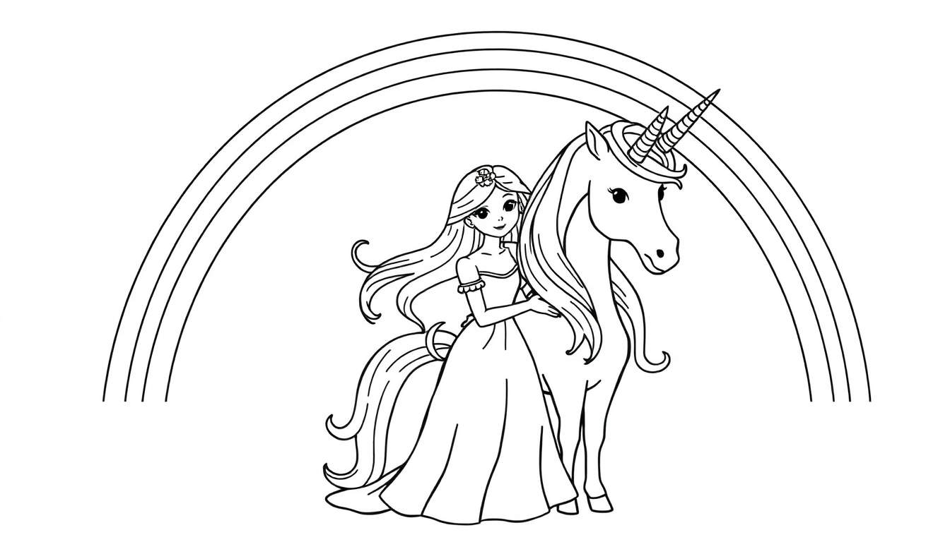 Coloring page of a cartoon girl hugging a white unicorn under a three-lined rainbow.