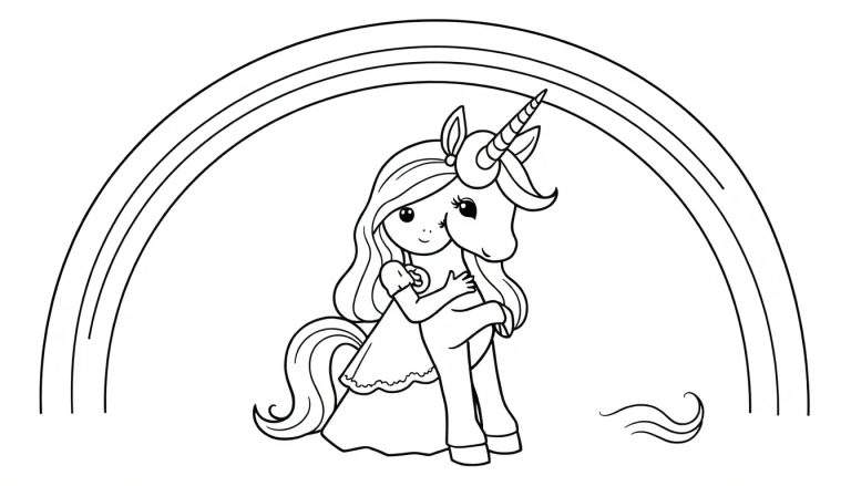 Coloring page of a girl hugging a unicorn under a rainbow