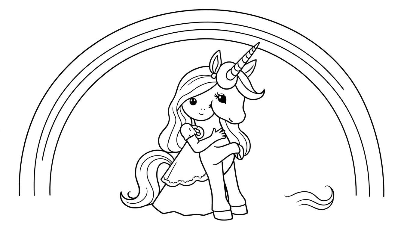 Coloring page of a girl hugging a unicorn under a rainbow