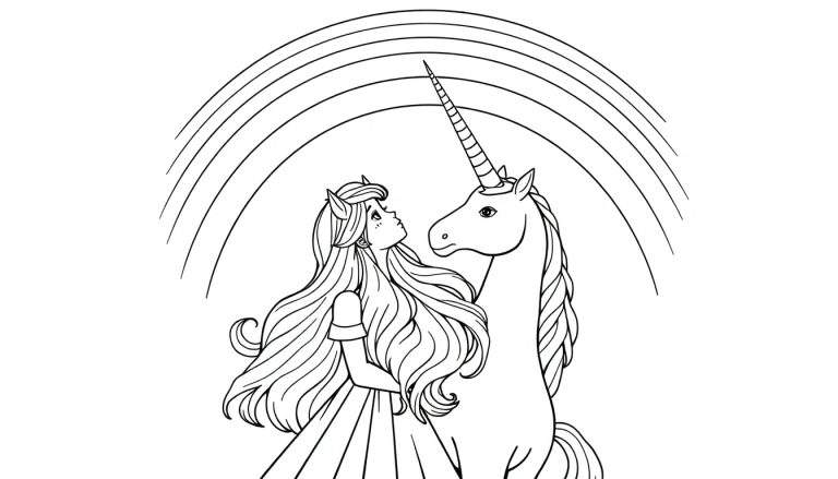 Line drawing coloring page of a young girl in a princess dress hugging a unicorn, with a nine-colored rainbow arching above them.