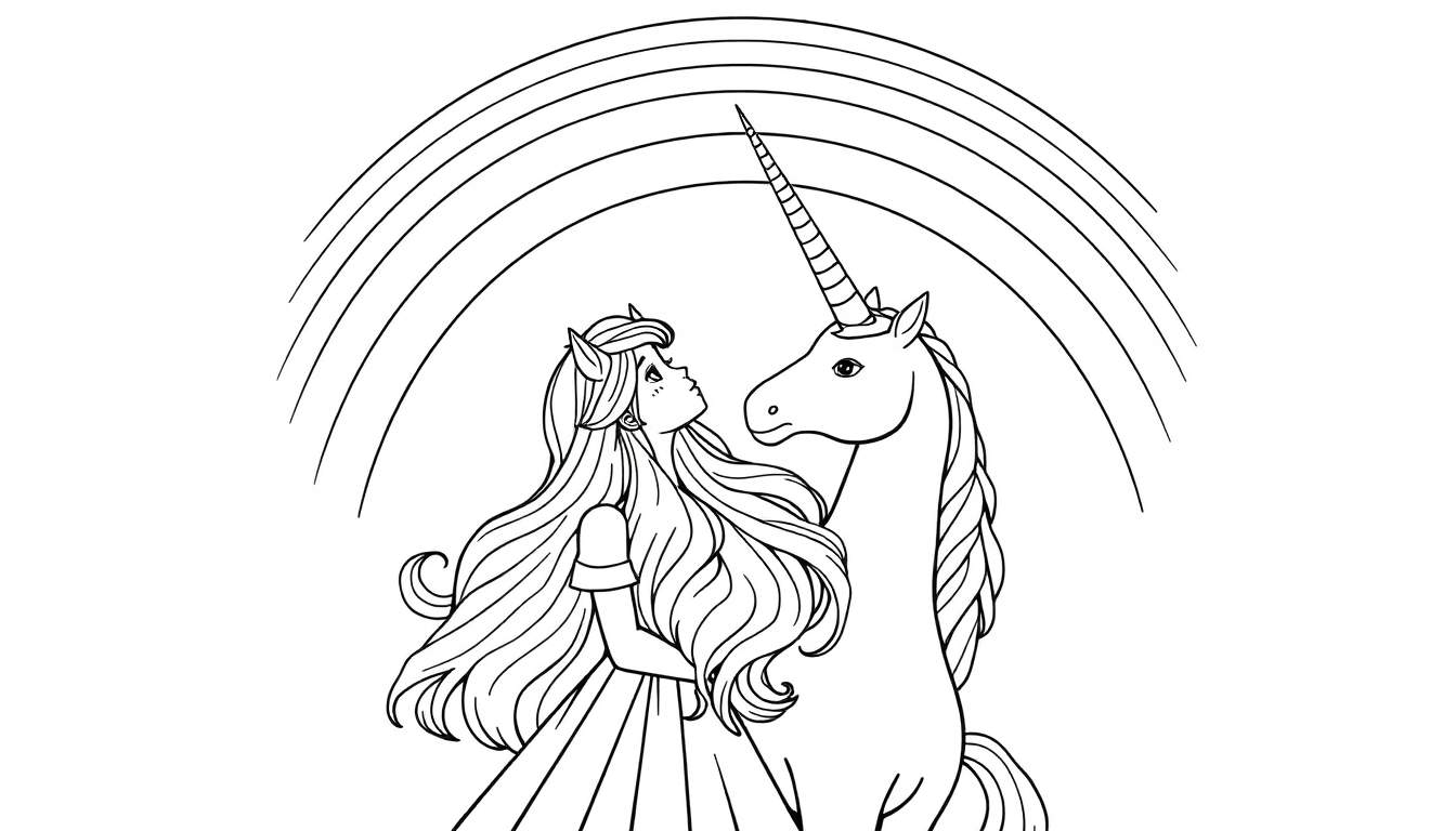 Line drawing coloring page of a young girl in a princess dress hugging a unicorn, with a nine-colored rainbow arching above them.