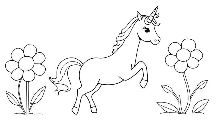 Coloring page illustration of a unicorn with a spiral horn, flowing mane and tail, and large eyes, standing between two decorative flowers with leafy stems on a white background.