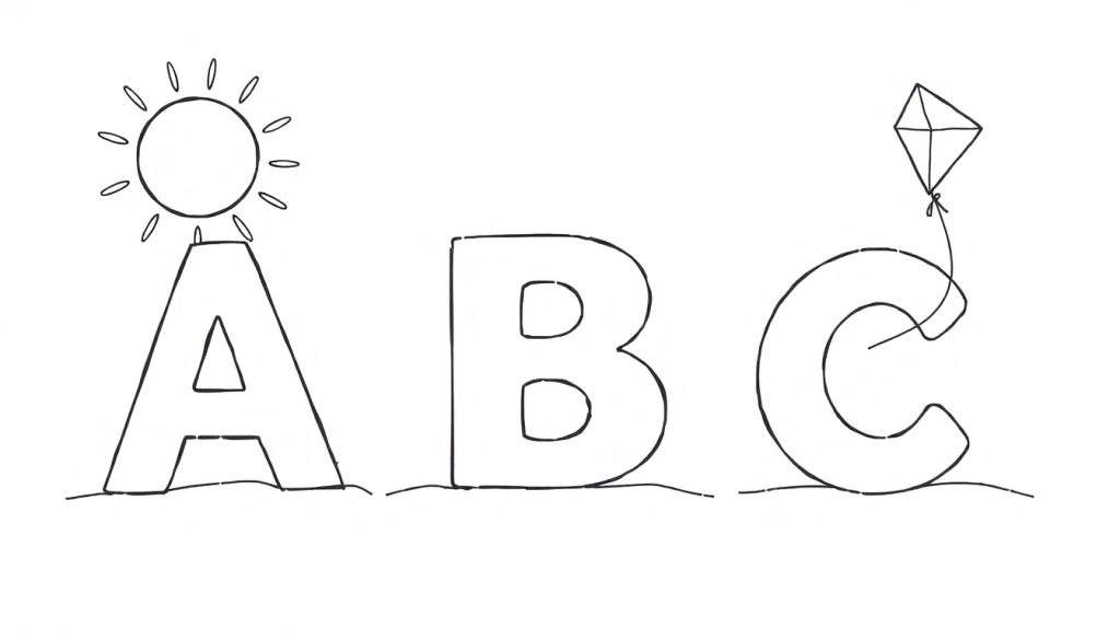 Coloring page of letters A, B, and C. Letter A has a sun on top. Letter B is plain. Letter C has a kite attached by a string. All letters are on a wavy ground line.