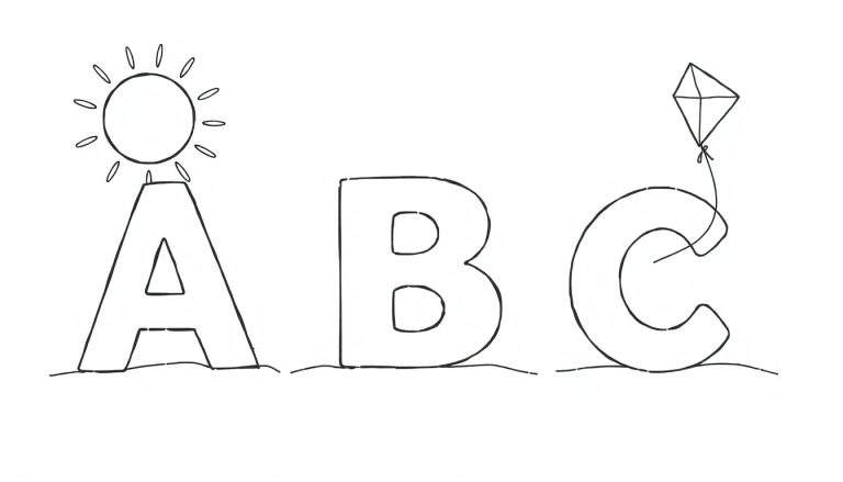 Coloring page of letters A, B, and C. Letter A has a sun on top. Letter B is plain. Letter C has a kite attached by a string. All letters are on a wavy ground line.