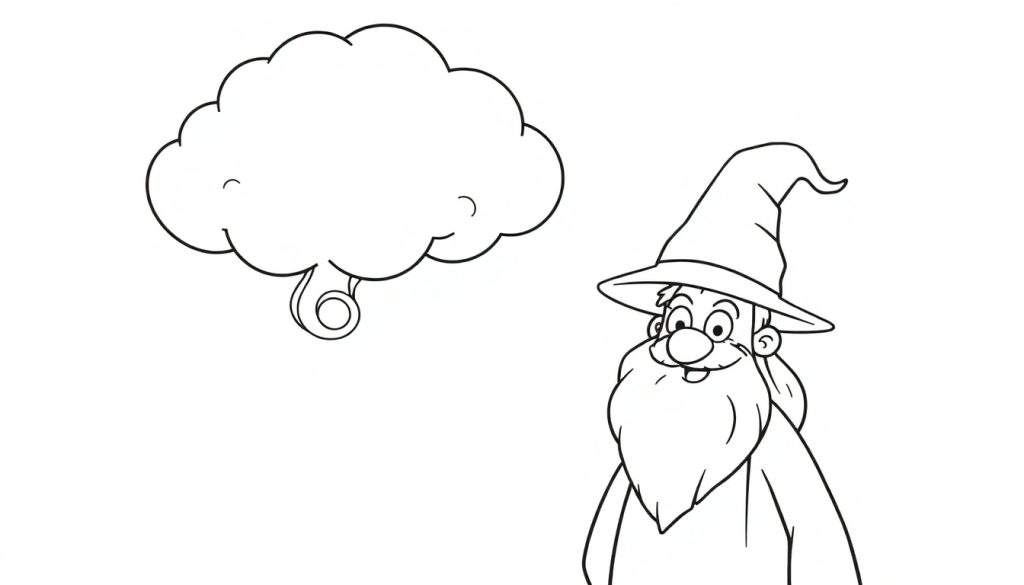 Coloring page illustration of a cartoon wizard with a pointy hat and a long beard standing next to a fluffy cloud.