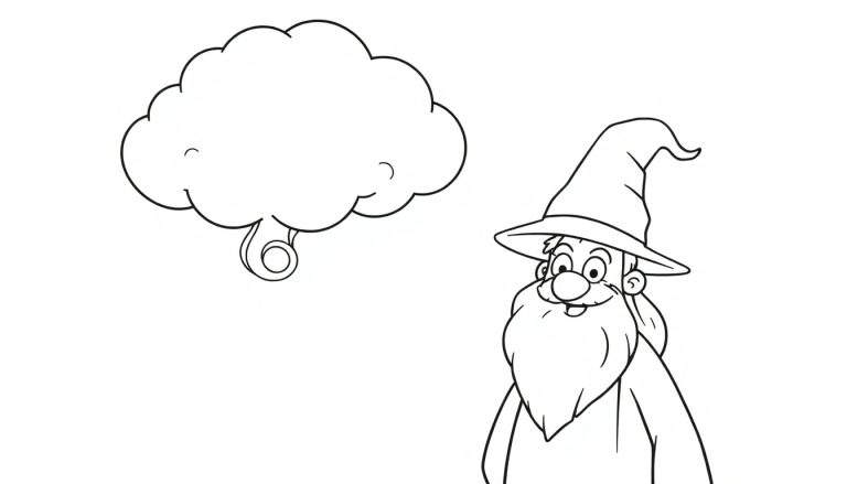 Coloring page illustration of a cartoon wizard with a pointy hat and a long beard standing next to a fluffy cloud.