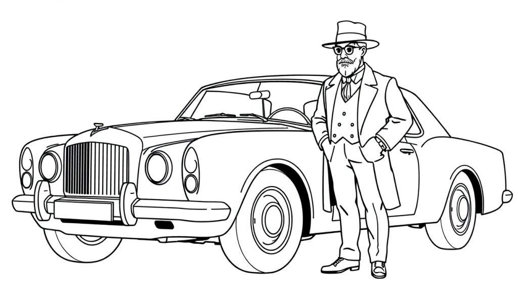 Coloring page of a man in a suit and hat standing by a classic car.