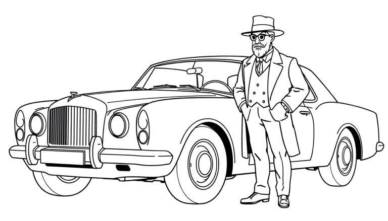 Coloring page of a man in a suit and hat standing by a classic car.