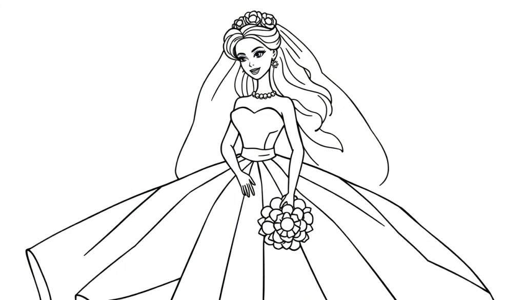 Coloring page of a smiling bride with long wavy hair, wearing a tiara, veil, pearl necklace, earrings, and a voluminous strapless ballgown, holding a bouquet of flowers.