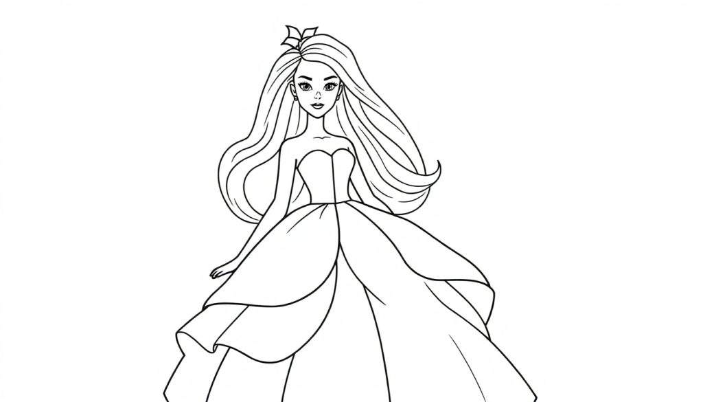 Coloring page of a Barbie-like doll with long hair, a bow, and a detailed strapless gown with a layered skirt.