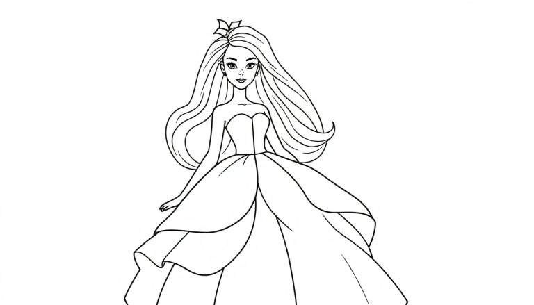 Coloring page of a Barbie-like doll with long hair, a bow, and a detailed strapless gown with a layered skirt.