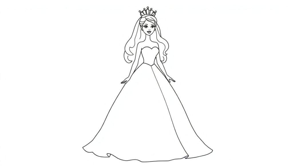 Coloring page of a smiling female figure with long wavy hair, a princess crown, and a large, flowing ball gown.