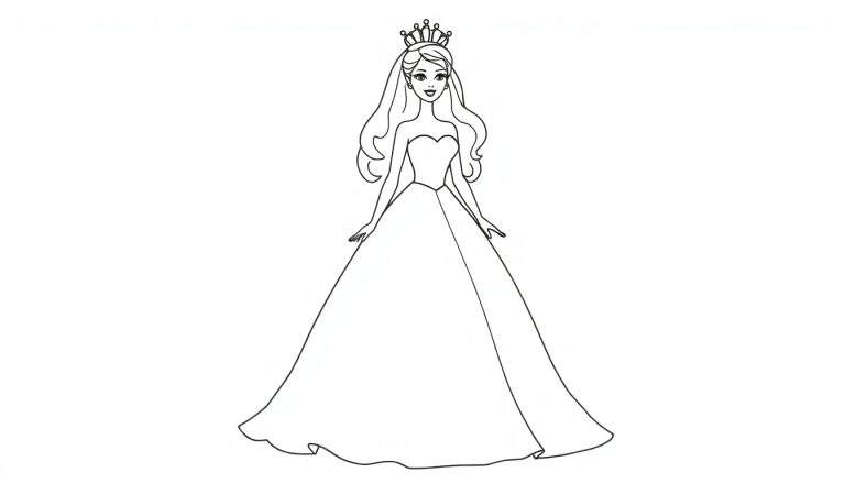 Coloring page of a smiling female figure with long wavy hair, a princess crown, and a large, flowing ball gown.